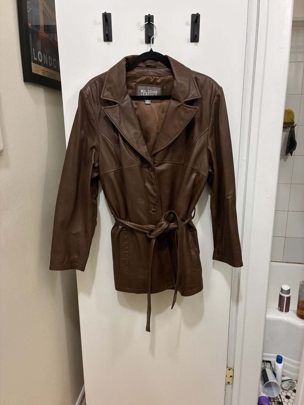 Vintage 1990s Wilsons Leather Jacket Size XL Brown Leather Belted Blazer Coat